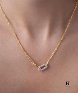 Pendentif diamant double lien moderne en or 14 carats, collier minimaliste, bijoux fins - Product Image 2