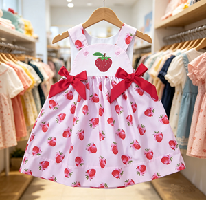 Vestido sin mangas con estampado de fresas para niñas, lindo vestido de verano con cuello cuadrado y corte en A con cintas rojas - Product Image 6
