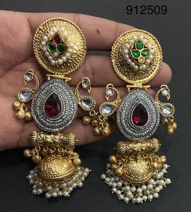 OM Fashion Studio Beautiful Designer Oxidised German <b>Silver</b> Jhumky Style Pearl <b>Long</b> Hanging <b>Earring</b> Two Tone Plating Lightweight - Product Image 2