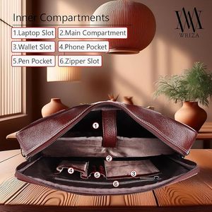 WRIZA Sac messager en cuir véritable marron pour hommes et femmes, sac de bureau pour ordinateur portable, sacoche multi-compartiments à sangle réglable - Product Image 2