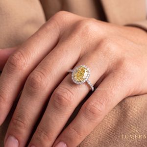 Anillo de Diamante Amarillo Cultivado en Laboratorio Good Century, Corte Ovalado, Diseño Halo, Banda Pavé, Joyería Fina Nupcial, Hecho a Medida, Estilo Vintage - Product Image 3