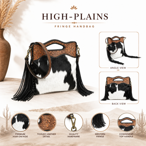 Premium Cowhide Fringe Handbag, Western Leather Tote Black White Hair-On Hide Shoulder Bag | Hand Tooled <b>Tan</b> Trim, Stylish Women - Product Image 5