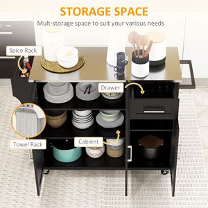 Carrello da Cucina Mobile Nero Stile Antico-Moderno con Piano in Acciaio Inox, Cassetti, Armadietti e Ripiani, Design a Isola su Ruote - Product Image 4
