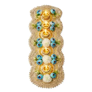 Chemin de table artisanal en tissu pour Diwali avec des roses bleues et des bougies Diya, décoration traditionnelle pour la maison - Product Image 4