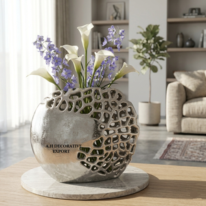 Abstract Honeycomb Silver Metal <b>Vase</b> Contemporary Cut-out Floral Container <b>Unique</b> Hollow Design Tabletop Centerpiece Home Hotels - Product Image 1