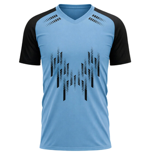 Camiseta de fútbol para hombre, azul claro y negra, con bloques de color, manga corta, cuello redondo, poliéster que absorbe la humedad, ropa deportiva - Product Image 5