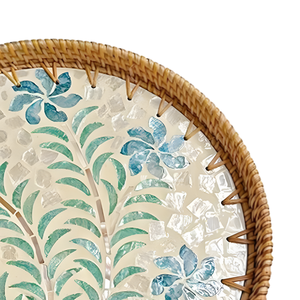 Bandeja Redonda Tejida de Ratán con Base de Incrustaciones de Madreperla Floral Azul, Bandeja Decorativa con Mosaico de Conchas para Mesa de Centro y Decoración del Hogar - Product Image 2