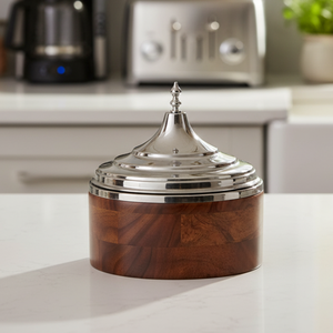 Casserole de service en bois d'acacia de luxe avec couvercle en acier inoxydable |   Réchaud alimentaire pour hotpot avec base en bois artisanale, vaisselle de designer - Product Image 1