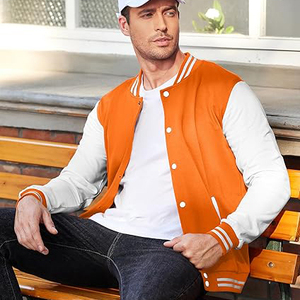 Men's Orange <b>White</b> Varsity <b>Jacket</b> Turn-down Collar Regular Fit Button Closure Autumn Wear Fleece Material Casual Style - Product Image 5