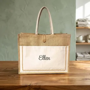 Sac en jute de qualité supérieure avec poche en toile blanche de 10 oz, 40x35x15 cm, corps naturel, laminé PP 14x15 pour cadeaux d'entreprise - Product Image 4