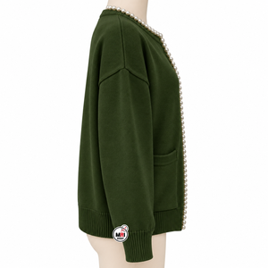 Cardigan Vert en Acrylique pour Femme, Longueur Standard, Pulls Élégants à Manches Longues, Col Rond, Détails Perles, Poches, Tendance Hiver, Extérieur - Product Image 4