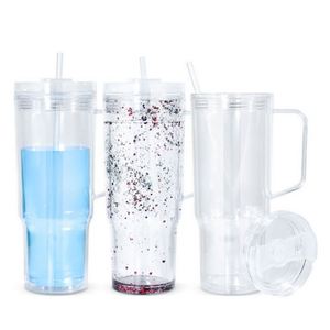 Gobelet en plastique transparent à double paroi de 40 oz, grande capacité, avec couvercle et paille, pour personnalisation DIY - Product Image 1