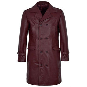 Manteau trench-coat pour homme en cuir véritable, double boutonnage, revers cranté, longueur genou, manches classiques, imperméable, respirant, écologique - Product Image 5