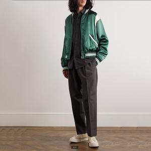 New Fashion Zip Fastening Green Satin Bomber Letterman <b>Jacket</b> <b>Mens</b> <b>White</b> Trim Shoulder Casual Coat - Product Image 3