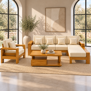 Conjunto de Sofá Seccional Moderno en Forma de L con Sillón y Mesa de Centro, Estructura de Madera Sólida, Tapicería de Tela, Muebles para Sala de Estar - Product Image 4