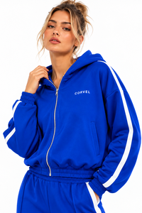 Conjunto Deportivo para Mujer Azul Signature: Sudadera Corta con Cremallera y Rayas, Pantalones de Chándal de Felpa Gruesa de Pierna Ancha, Bordado Personalizado OEM - Product Image 4