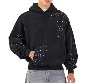Custom Logo <b>Drop</b> Shoulder Fleece Heavyweight Polyester/Cotton 400g <b>Acid</b> Washed Cropped Regular Fit Sweet Rhinestone Hoodie Men - Product Image 3