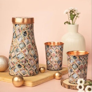 Bouteilles d'eau pour usage quotidien avec couvercles en cuivre, motif marbré floral, ensemble de vaisselle de voyage portable - Product Image 6