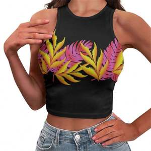 Débardeur court noir pour femme avec imprimé feuilles tropicales éclatantes, col rond, en polyester tricoté, style décontracté - Product Image 1