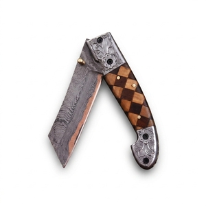 Couteau pliant en cuivre Damas, manche en bois damier, bolster gravé à la main, couteau artisanal multi-usage, directement du fabricant - Product Image 1