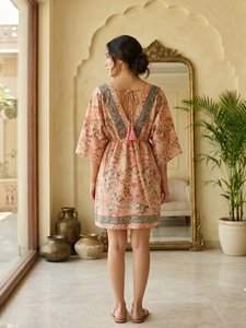 Peach Floral Printed <b>Short</b> <b>Kaftan</b> Dress V Neck Kimono Sleeve Drawstring Waist Tassel Bohemian Dubai Modest best summer wear - Product Image 5