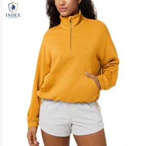 Sudadera de Forro Polar con Cierre de Cremallera de un Cuarto para Mujer, Color Mostaza, Manga Larga, Cuello Alto, Color Sólido, Ropa de Otoño, Marca Index Apparel - Product Image 1