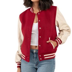 แจ็คเก็ตวาร์ซิตี้ผู้หญิงแบบสั่งทำ ระบายอากาศได้ดี ตัวเสื้อผสมขนสัตว์ แขนหนัง PU คอริบ แจ็คเก็ตเบสบอลสไตล์วิทยาลัย รับผลิตแบบ OEM ขายส่ง - Product Image 1