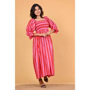 Robe maxi bohème rose rayée 100% coton écologique pour femmes, à manches bouffantes longues, pour les soirées d'été, faite à la main en Inde - Product Image 5