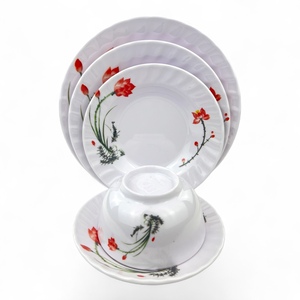 Bol à riz en mélamine avec motif floral zen asiatique traditionnel et 4 assiettes durables de qualité alimentaire, vaisselle de fête, compatible lave-vaisselle et micro-ondes - Product Image 2