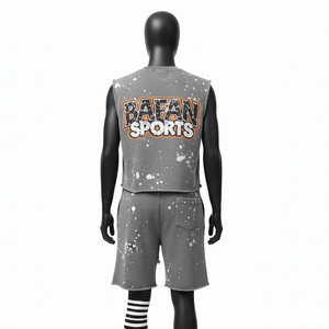 Conjunto Corto sin Mangas para Mujer, 100% Algodón, Felpa Rica en Algodón, Gris, Estampado con Efecto Desgastado, Impresión Serigrafiada, Logotipo Personalizado - Product Image 3