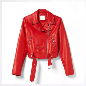 Veste moto en cuir PU rouge pour femme, manches longues, fermeture éclair, col rabattu, longueur courte, style automne - Product Image 5