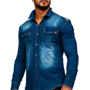 Chemise en jean bleue pour homme, manches longues, col mandarin, couleur unie, coupe ajustée, style décontracté, respirante, manches complètes, tissée, effet délavé - Product Image 1