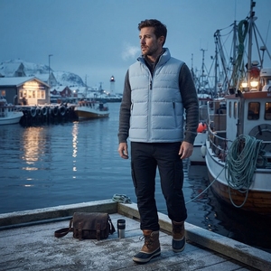 Veste sans manches matelassée bleu clair pour homme, col montant, fermeture éclair, hiver, streetwear, vêtements personnalisés, marque privée, OEM - Product Image 5