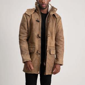 <b>Men's</b> Brown <b>Suede</b> Hooded Leather <b>Jacket</b> Long Windproof Winter Coat Faux Fur Lining Zipper Closure Workwear Style - Product Image 1