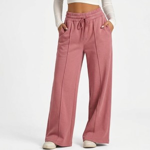 Ultra Soft Premium Knit Women Wide Leg Pants Front Seam Detail High Waist <b>Drawstring</b> Relaxed Lounge <b>Trousers</b> Modern Casual - Product Image 6