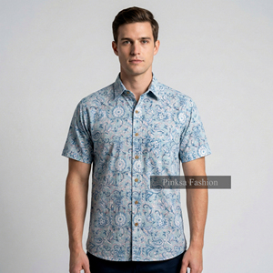 Chemise d'été décontractée pour homme à manches courtes en coton 100% avec imprimé cachemire, col rabattu, respirante et à séchage rapide - Product Image 1