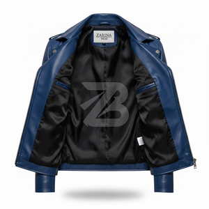 Chaqueta de Motero Zarina Wear para Hombre, de Cuero Genuino y Lona, para Invierno, Color Azul Rey, Cierre Asimétrico, Cinturón en la Solapa, OEM - Product Image 3