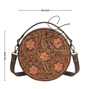 Sac bandoulière rond en cuir véritable marron pour femme, motif fleurs de pêcher, en cuir repoussé, style cowgirl et gypsy - Product Image 3