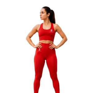 Ensemble de leggings de yoga rouges pour femmes, soutien-gorge de sport, taille haute, extensible, tenue de fitness, tenue de sport, ensemble athlétique sans couture en deux pièces - Product Image 3