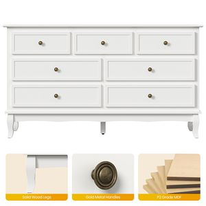 Buffet moderne à 7 tiroirs avec pieds en bois distinctifs, finition peinte en blanc, accent CR - Product Image 4