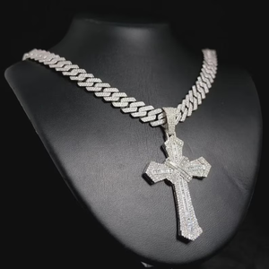 Rhodium & Silver Plated <b>Iced</b> <b>Out</b> Cross Pendant Necklace with Moissanite Charm Cuban <b>Chain</b> Hip Hop Jewelry Unisex Gift Number - Product Image 3