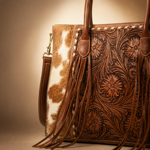 Premium Hair-On Cowhide Leather Tote Bag | Hand Tooled Floral Western <b>Purse</b> with Fringe, Spacious Laptop Shoulder Handbag Carry - Product Image 5
