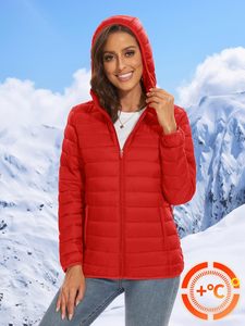 Red Quilted <b>Hooded</b> <b>Jacket</b> <b>Women</b> Full Sleeve Zipper Closure Solid Color Autumn <b>Lightweight</b> Puffer Coat - Product Image 4