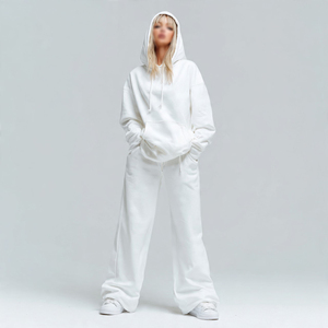 Women's White Eco-Friendly Beaded Tracksuit Solid Color Full Sleeve Hooded <b>Joggers</b> Set Autumn Breathable Casual Regular Fit 100% - Product Image 1