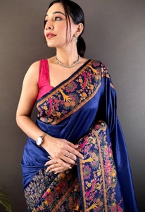 Sari en soie pure Kanjivaram tissé traditionnel KV (bleu) pour les fêtes - Product Image 1