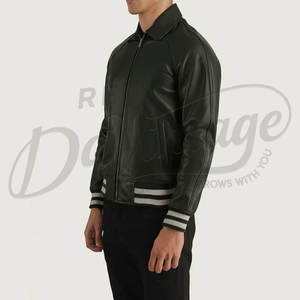 Chaqueta Bomber de Cuero Genuino Verde Oliva para Hombre con Cuello Clásico de Camisa y Puños Acanalados a Rayas, Prenda Deportiva Premium - Product Image 5