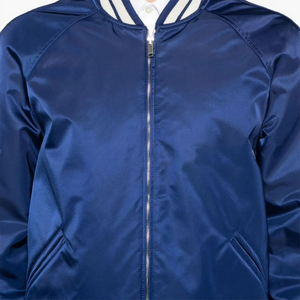 Veste de baseball en satin bleu pour homme avec bordure blanche, col rabattu, fermeture éclair, coupe classique, style preppy, veste bomber en polyester - Product Image 6