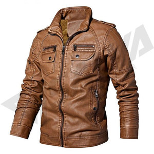 Men's Brown Genuine Leather Moto <b>Jacket</b> Stand Collar Zipper Closure Chest Pockets Sherpa Lining <b>Winter</b> Style - Product Image 3
