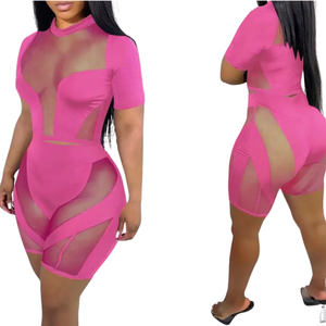 Womens <b>Two</b> <b>Piece</b> Solid Sheer <b>Mesh</b> Regular Fit Three-quarter Sleeve Crop Top and Biker Shorts Clubwear Summer OEM ODM Wholesale - Product Image 5