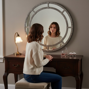 Modern Round Double Ring Wall <b>Mirror</b> with Antique Silver Segmented Frame|Decorative Circular Accent <b>Mirror</b> for Living Room Decor - Product Image 4